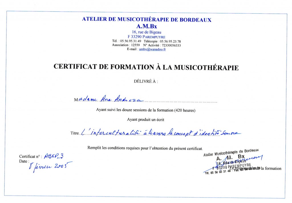 Certificat de Musicothérapie 1
